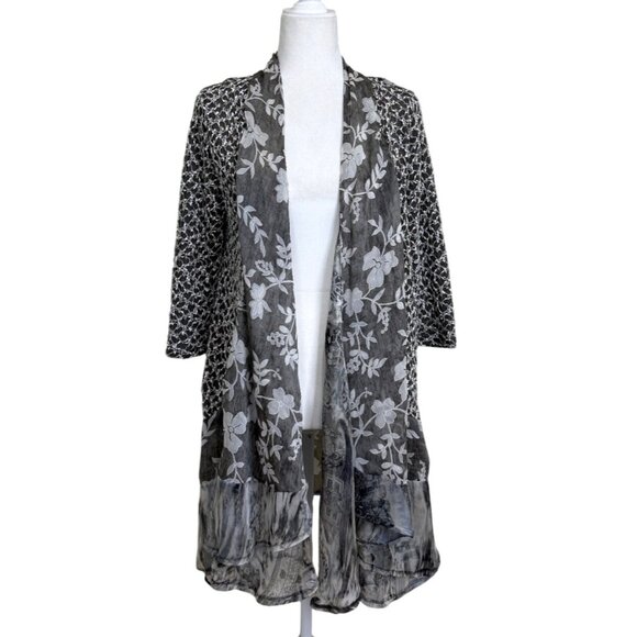 Fleur De Lis Womens Open Front Kimono Cardigan Floral Gray White Womens M - Picture 1 of 8